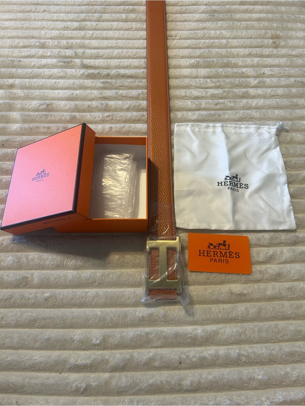 Hermes Orange Leather Belt with Silver H Buckle